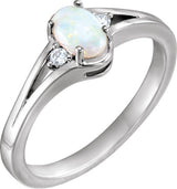 14K Gold Oval Natural White Opal & Natural Diamond Accented Cabochon Ring – 6mm Stones - White Gold