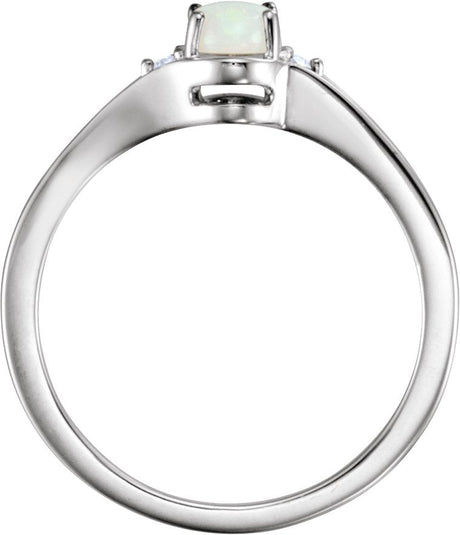 Platinum Oval Natural White Opal & Natural Diamond Accented Cabochon Ring – 6mm Stones - view 2