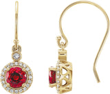 14K Gold Round Lab-Grown Ruby & Natural Diamond Halo-Style Earrings - Yellow Gold