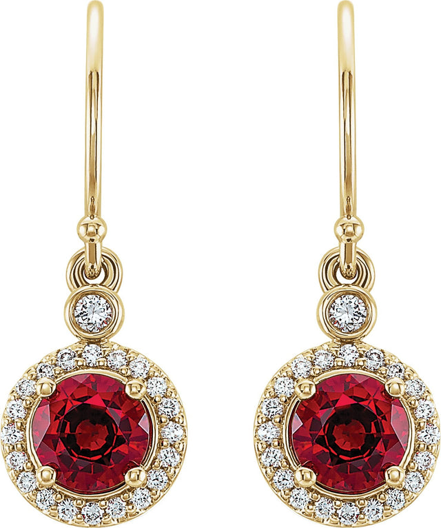 14K Gold Round Lab-Grown Ruby & Natural Diamond Halo-Style Earrings - Yellow Gold - view 2
