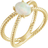 14K Gold Oval Natural White Opal Criss-Cross Cabochon Ring - Yellow Gold