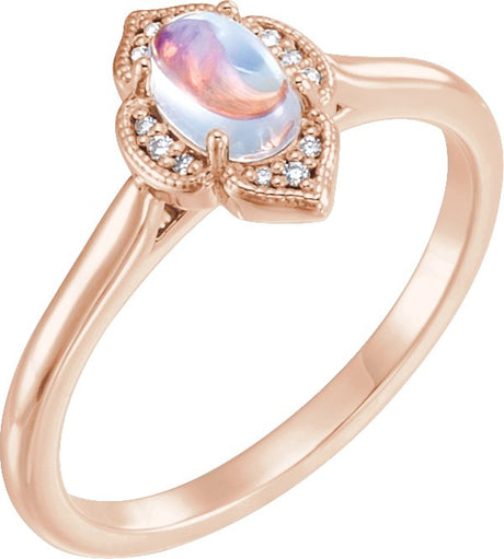 14K Gold Oval Natural Rainbow Moonstone & Natural Diamond Clover Cabochon Ring - Rose Gold