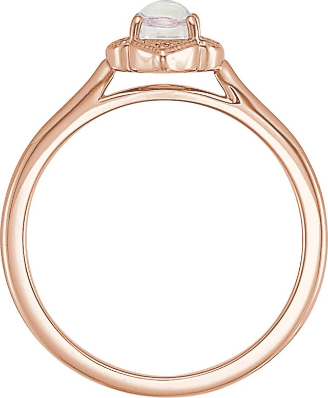 14K Gold Oval Natural Rainbow Moonstone & Natural Diamond Clover Cabochon Ring - Rose Gold - view 2