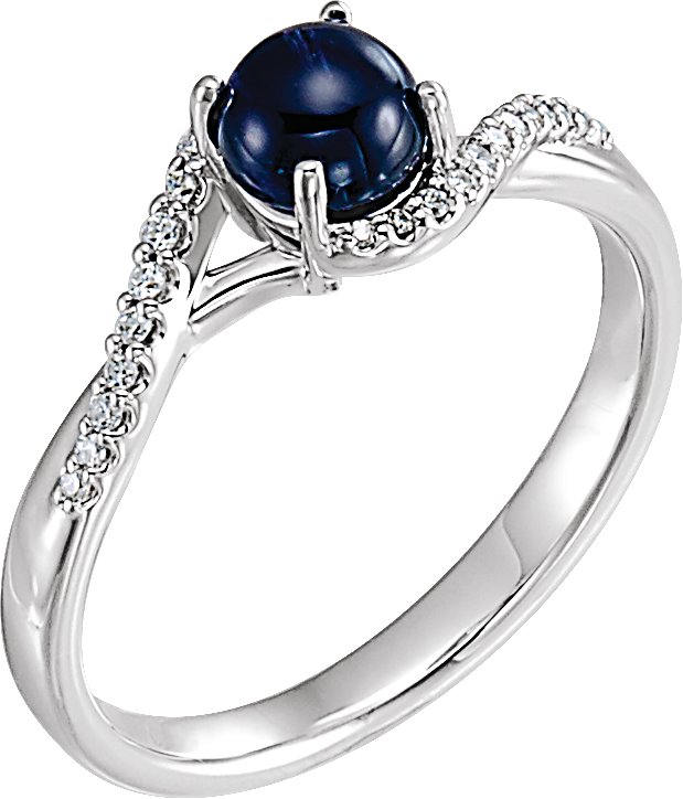 14K Gold Round Natural Blue Sapphire & Natural Diamond Accented Cabochon Ring - White Gold