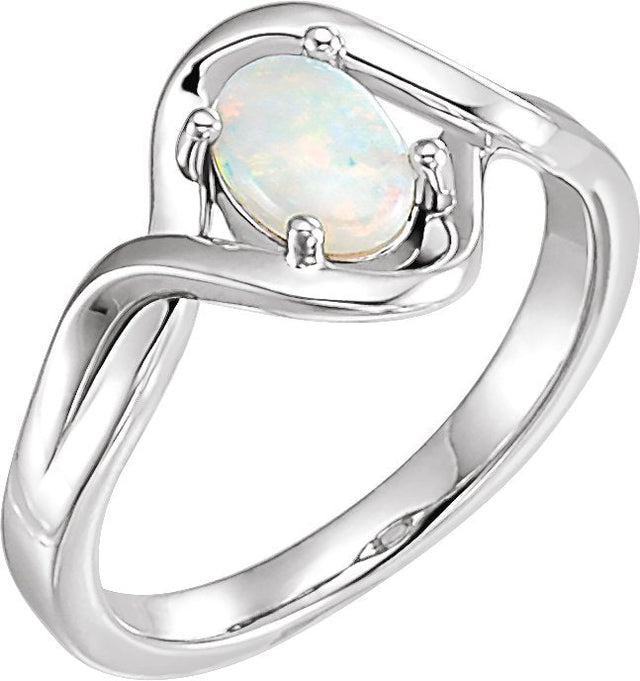 Platinum Oval Natural White Opal Cabochon Ring