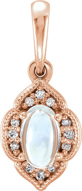 14K Gold Oval Natural Rainbow Moonstone & Natural Diamond Accented Clover Necklace or Pendant – 0.03 CTW - Rose Gold
