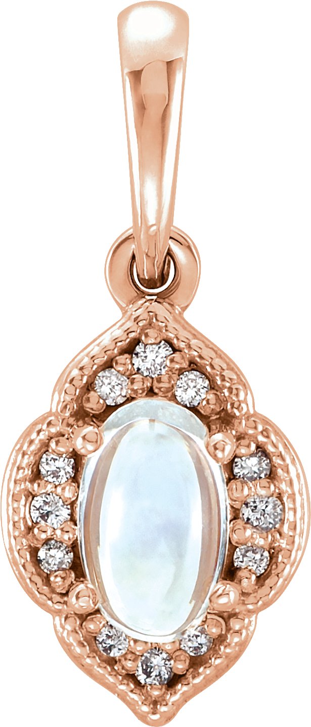 14K Gold Oval Natural Rainbow Moonstone & Natural Diamond Accented Clover Necklace or Pendant – 0.03 CTW - Rose Gold