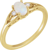 14K Gold Oval Natural White Opal & Natural Diamond Accented Cabochon Ring – 6x4mm - Yellow Gold