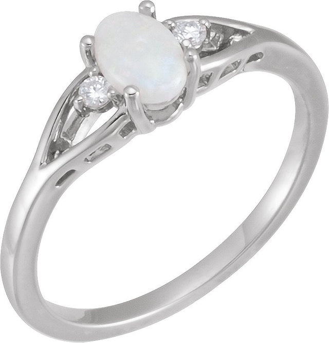 14K Gold Oval Natural White Opal & Natural Diamond Accented Cabochon Ring – 6x4mm - White Gold