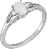 Platinum Oval Natural White Opal & Natural Diamond Accented Cabochon Ring – 6x4mm