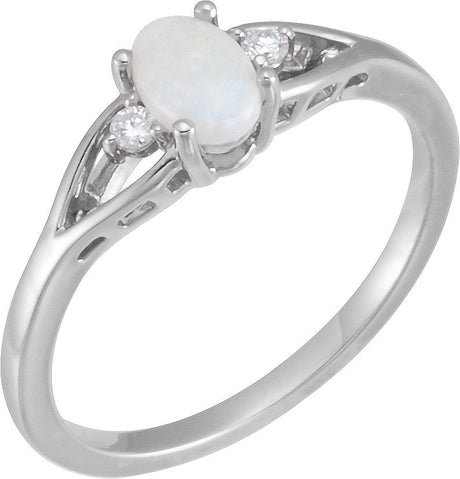 Platinum Oval Natural White Opal & Natural Diamond Accented Cabochon Ring – 6x4mm