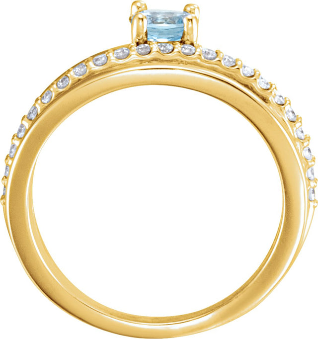 14K Gold Round Natural Aquamarine & Natural Diamond Criss-Cross Ring - Yellow Gold - view 2