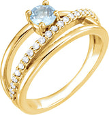 14K Gold Round Natural Aquamarine & Natural Diamond Criss-Cross Ring - Yellow Gold