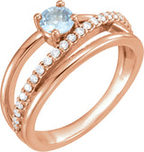 14K Gold Round Natural Aquamarine & Natural Diamond Criss-Cross Ring - Rose Gold