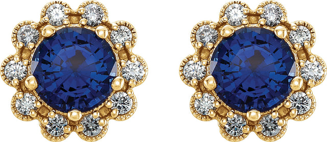 14K Gold Lab-Grown Blue Sapphire & Natural Diamond Round 4-Prong Halo-Style Earrings – 5-6.5mm Stones - Yellow Gold - view 4
