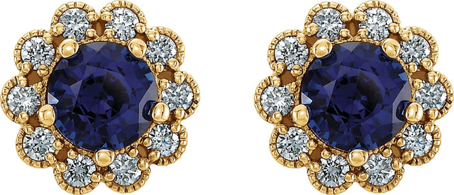 14K Gold Lab-Grown Blue Sapphire & Natural Diamond Round 4-Prong Halo-Style Earrings – 5-6.5mm Stones - Yellow Gold - view 4