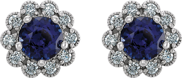 Platinum Lab-Grown Blue Sapphire & Natural Diamond Round 4-Prong Halo-Style Earrings - view 4