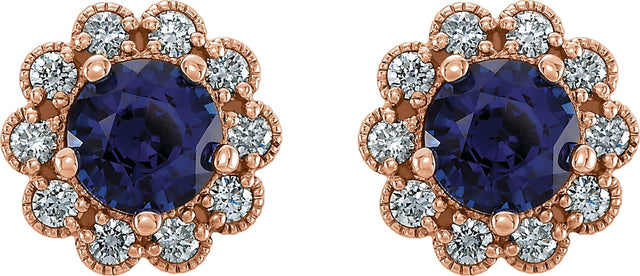 14K Gold Lab-Grown Blue Sapphire & Natural Diamond Round 4-Prong Halo-Style Earrings – 5-6.5mm Stones - Rose Gold - view 4