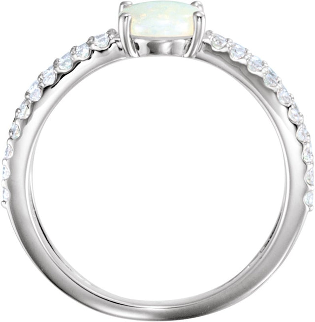 Platinum Oval Natural White Opal & Natural Diamond Accented Cabochon Ring - view 2