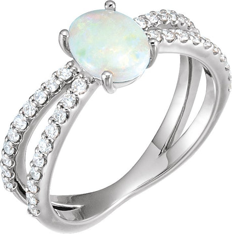 14K Gold Oval Natural White Opal & Natural Diamond Accented Cabochon Ring – 8x6mm - White Gold