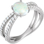 14K Gold Oval Natural White Opal & Natural Diamond Accented Cabochon Ring – 8x6mm - White Gold
