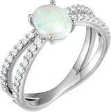 Platinum Oval Natural White Opal & Natural Diamond Accented Cabochon Ring