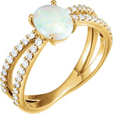 14K Gold Oval Natural White Opal & Natural Diamond Accented Cabochon Ring – 8x6mm - Yellow Gold