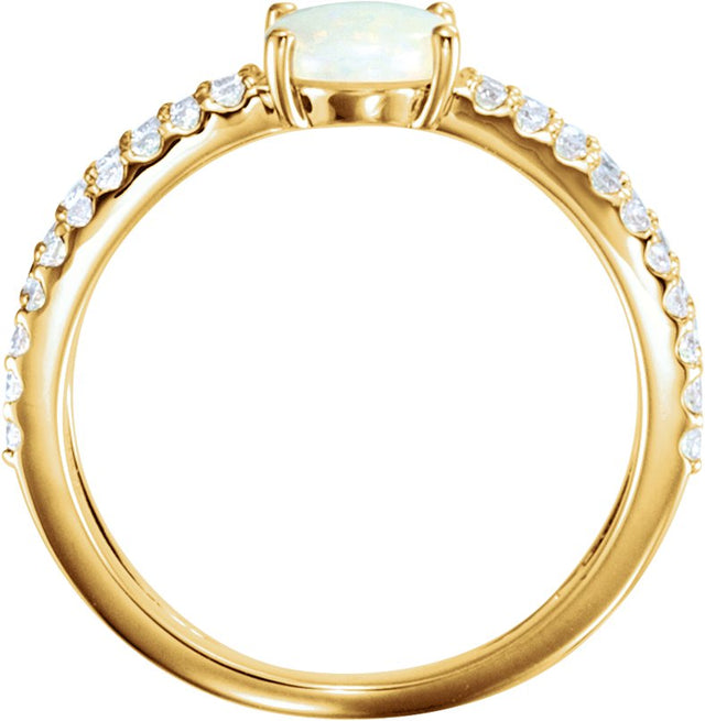 14K Gold Oval Natural White Opal & Natural Diamond Accented Cabochon Ring – 8x6mm - Yellow Gold - view 2