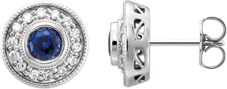 14K Gold Lab-Grown Blue Sapphire & Natural Diamond Round Bezel-Set Halo-Style Earrings – 5mm Stones