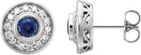 Platinum Lab-Grown Blue Sapphire & Natural Diamond Round Bezel-Set Halo-Style Earrings