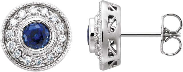 Platinum Lab-Grown Blue Sapphire & Natural Diamond Round Bezel-Set Halo-Style Earrings