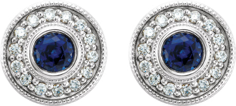 Platinum Lab-Grown Blue Sapphire & Natural Diamond Round Bezel-Set Halo-Style Earrings - view 2