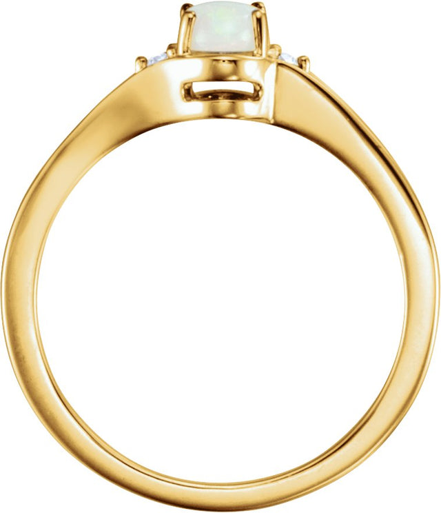 14K Gold Oval Natural White Opal & Natural Diamond Accented Cabochon Ring – 6mm Stones - Yellow Gold - view 2