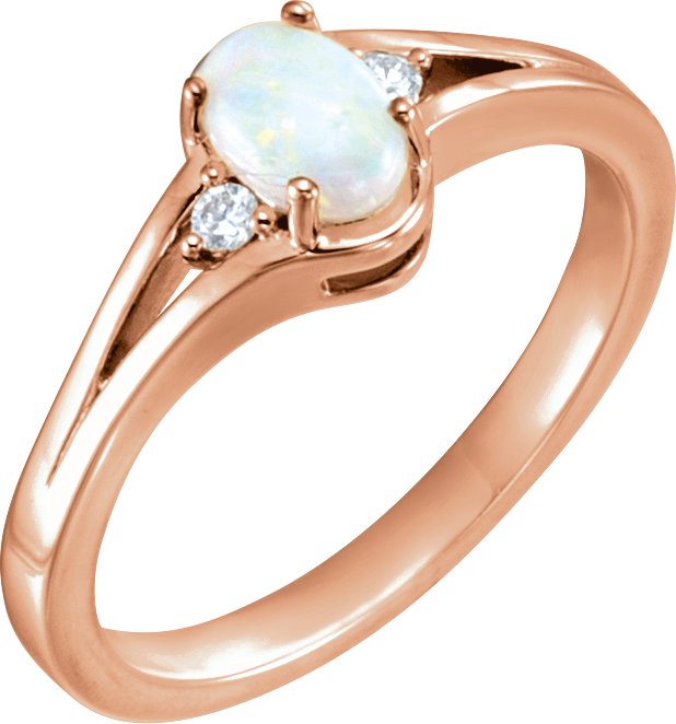 14K Gold Oval Natural White Opal & Natural Diamond Accented Cabochon Ring – 6mm Stones - Rose Gold