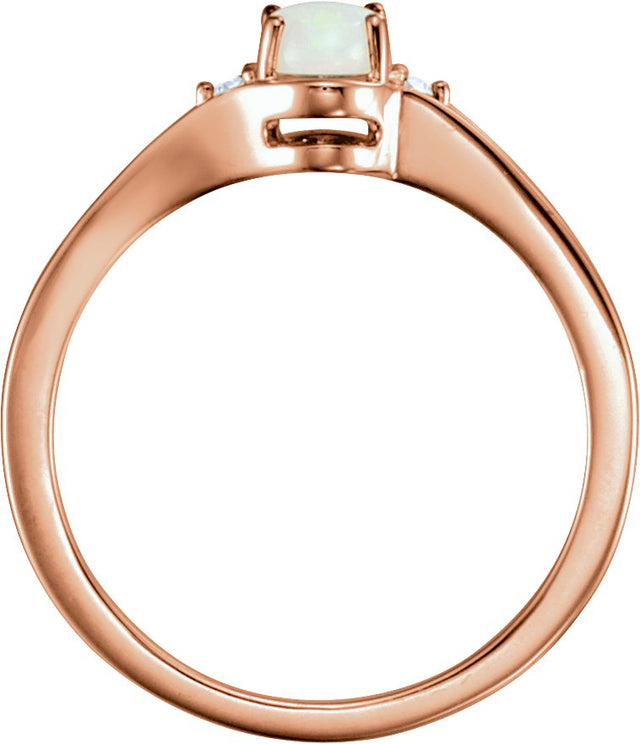 14K Gold Oval Natural White Opal & Natural Diamond Accented Cabochon Ring – 6mm Stones - Rose Gold - view 2