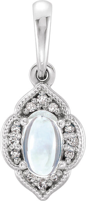 14K Gold Oval Natural Rainbow Moonstone & Natural Diamond Accented Clover Necklace or Pendant – 0.03 CTW - White Gold