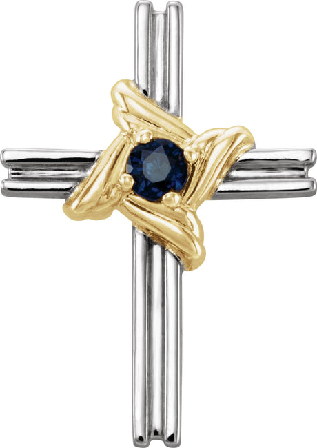14K Gold Round Natural Blue Sapphire Accented Cross Pendant III - Two-Tone