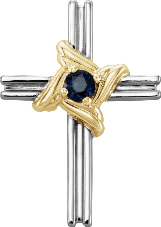 14K Gold Round Natural Blue Sapphire Accented Cross Pendant III - Two-Tone