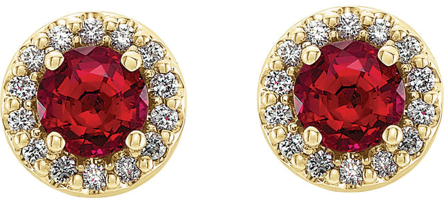 14K Gold Lab-Grown Ruby & Natural Diamond Round 4-Prong Halo-Style Earrings – 4-6mm Stones - Yellow Gold - view 2