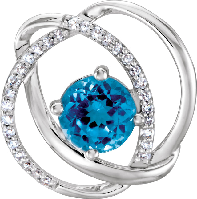 14K Gold Round Natural Swiss Blue Topaz & Natural Diamond Knot Pendant