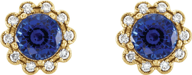 14K Gold Lab-Grown Blue Sapphire & Natural Diamond Round 4-Prong Halo-Style Earrings – 5-6.5mm Stones - Yellow Gold - view 4