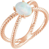14K Gold Oval Natural White Opal Criss-Cross Cabochon Ring - Rose Gold