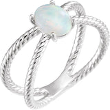 14K Gold Oval Natural White Opal Criss-Cross Cabochon Ring - White Gold