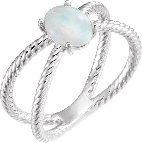 14K Gold Oval Natural White Opal Criss-Cross Cabochon Ring - White Gold
