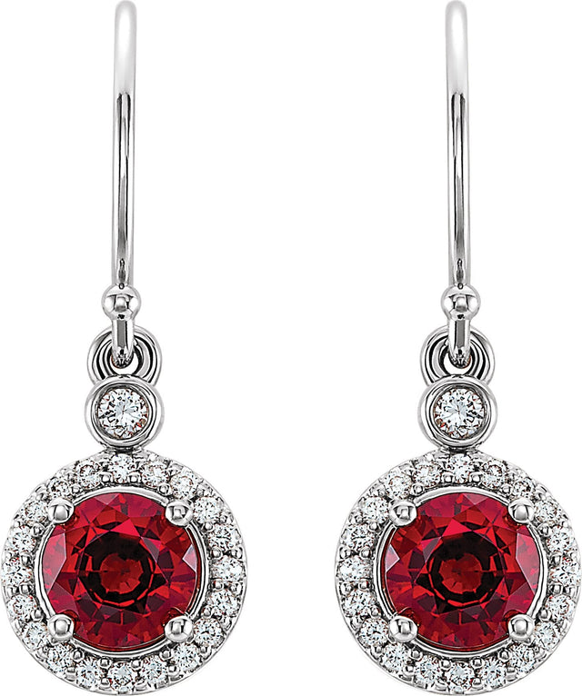 14K Gold Round Lab-Grown Ruby & Natural Diamond Halo-Style Earrings - White Gold - view 2