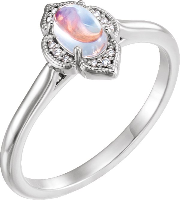 14K Gold Oval Natural Rainbow Moonstone & Natural Diamond Clover Cabochon Ring - White Gold