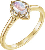 14K Gold Oval Natural Rainbow Moonstone & Natural Diamond Clover Cabochon Ring - Yellow Gold