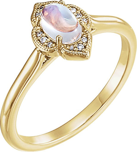 14K Gold Oval Natural Rainbow Moonstone & Natural Diamond Clover Cabochon Ring - Yellow Gold