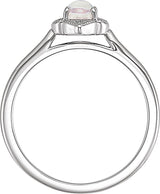 14K Gold Oval Natural Rainbow Moonstone & Natural Diamond Clover Cabochon Ring - White Gold - view 2