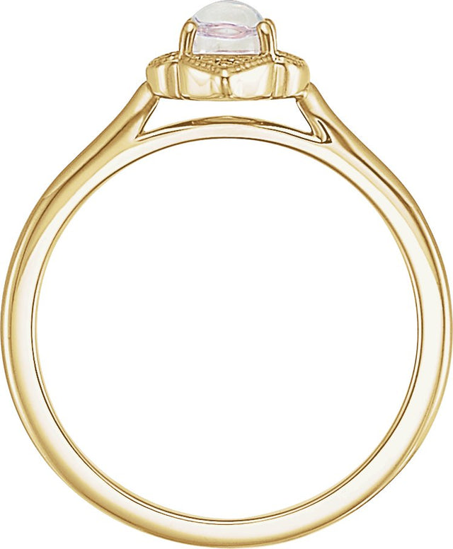 14K Gold Oval Natural Rainbow Moonstone & Natural Diamond Clover Cabochon Ring - Yellow Gold - view 2